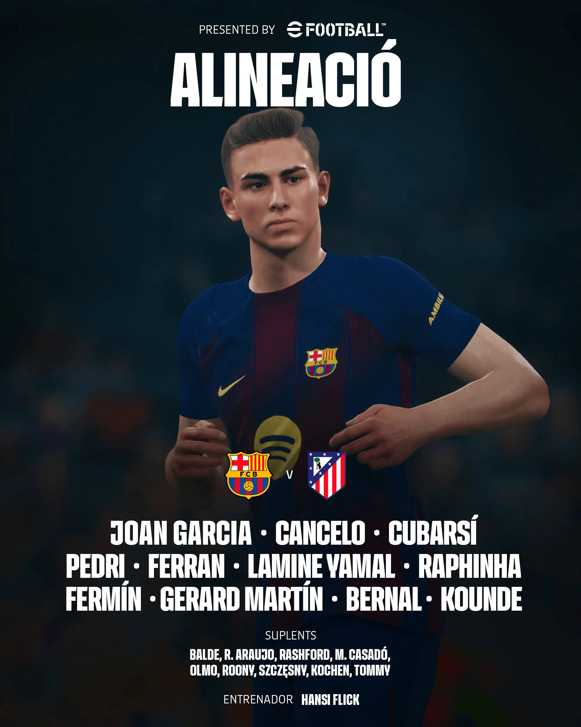 一号-巴萨vs马竞首发:亚马尔PK卢克曼,小蜘蛛、费兰登场